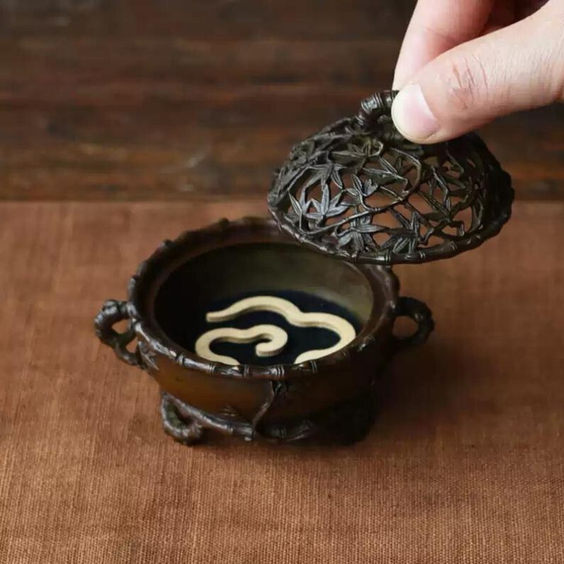 Hollow Carved Bamboo Leaf Copper Incense Burner